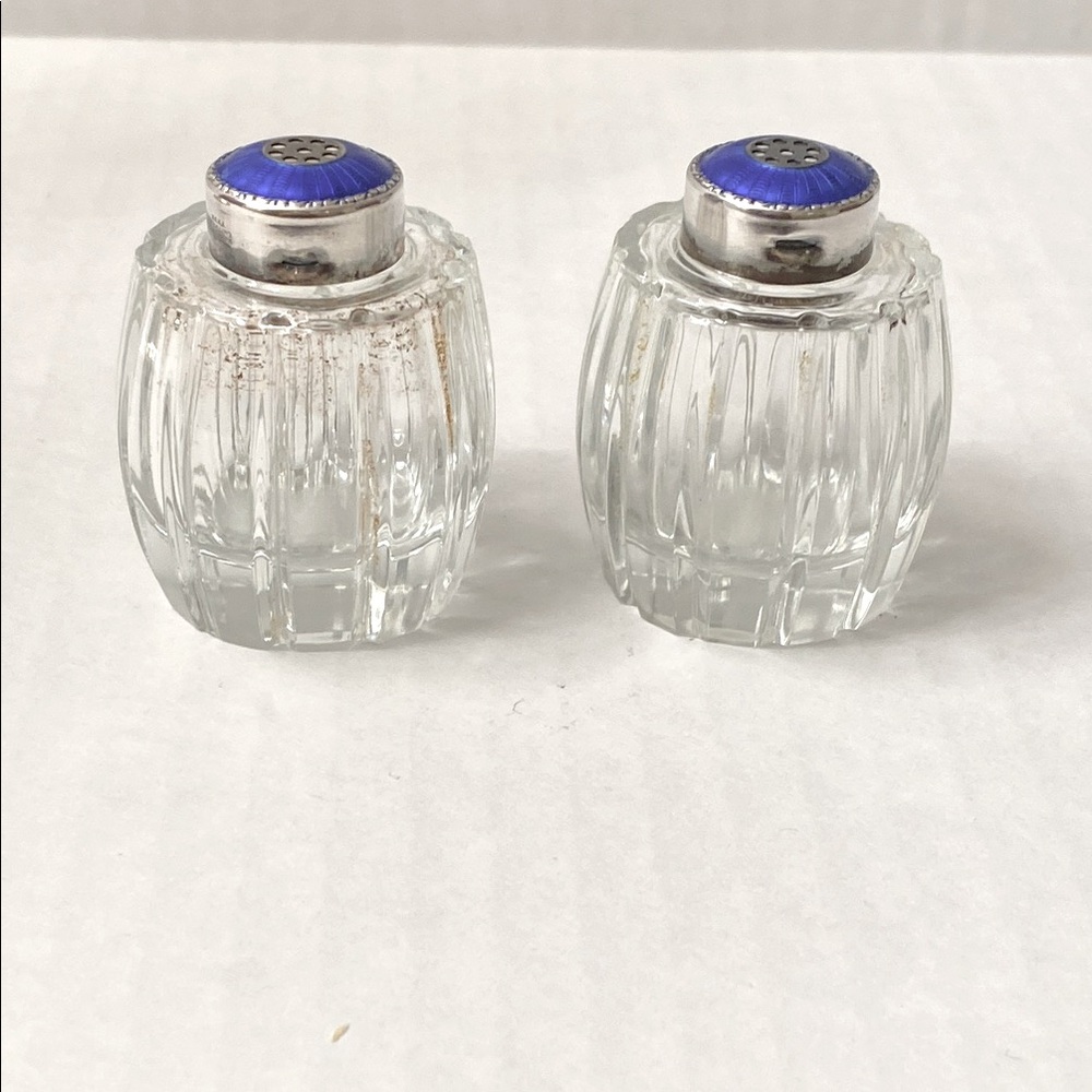 Vintage Glass Salt and Pepper Shakers with silver/blue enamel tops